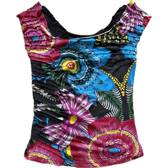 Desigual Tops - Desigual Tank Top Ruching Medium Boho Euro Funky Graphic Boho Flowers Sleeveless
